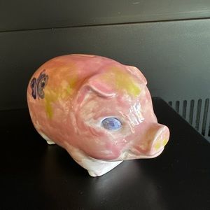 Adorable Pink Pig Piggy Bank Blue Eyed Hand Painted And Glazed Ceramic